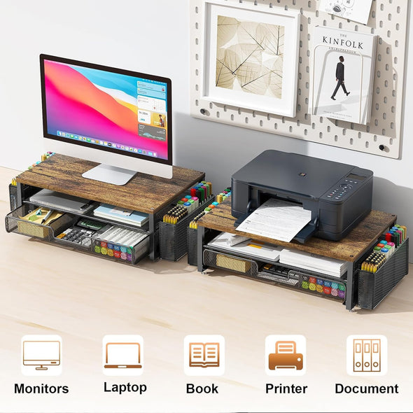 Gianotter Monitor Stand Riser, Desk Organizer with Drawer and Pen Holder, 2-Tier Computer Stand, Office Desk Accessories, Office Organization (Wood)