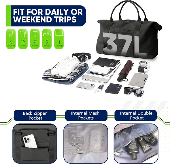 Travel Duffle Bag, Weekender Travel Bag Men Small Gym Bag for Women, Hospital Bag for Labor and Delivery, Overnight Bag Luggage Bag with Trolley Sleeve, Airplane Travel Essentials for Flying(Black)