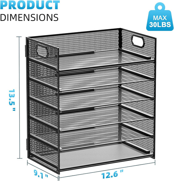 Marbrasse 6 Tier Paper Organizer Letter Tray - Mesh Desk File Organizer with Handle, Paper Sorter Organizer for Letter/A4 Office File Folder Holder - Black
