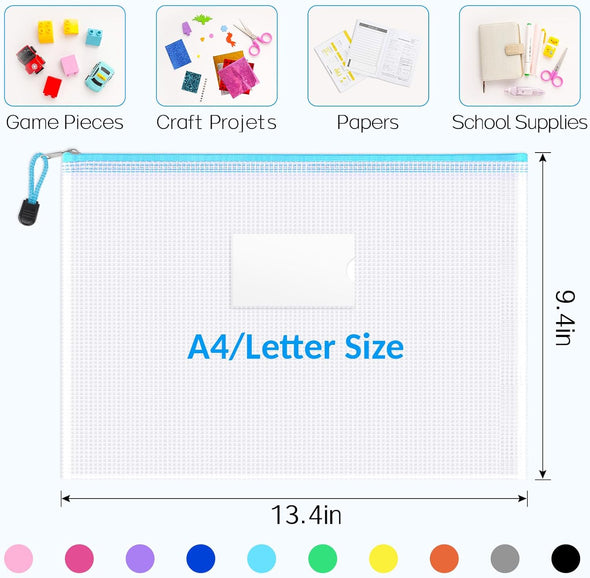 Sooez 20 Pack Mesh Zipper Pouch Bags, A4 Letter Size, Zipper Bags with Label Pocket, Waterproof Zipper Pouches for Classroom Organization, Board Game Storage, Document Bag for Office School Supplies