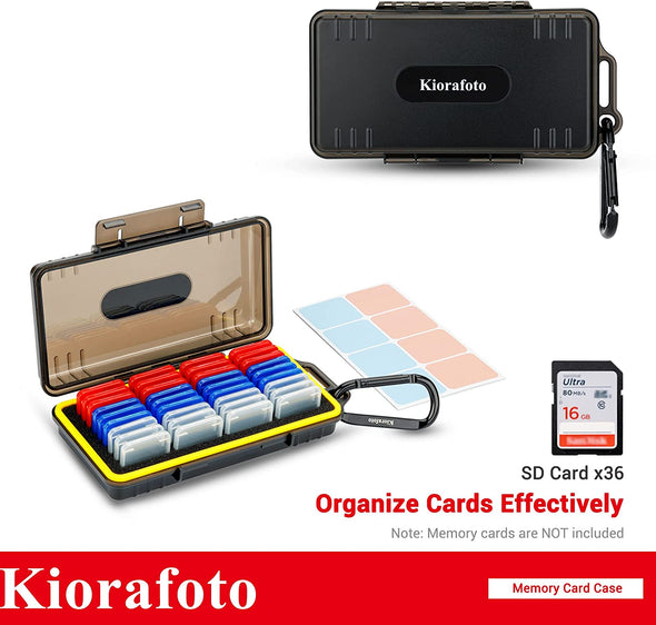 Kiorafoto SD Card Case with 36 Pack Individual Clear Plastic Memory Card Holders for 36 SD SDXC SDHC Cards,Water-Resistant Anti-Shock Anti-Dust SD Card Carrying Organizer Storage Protector with Labels