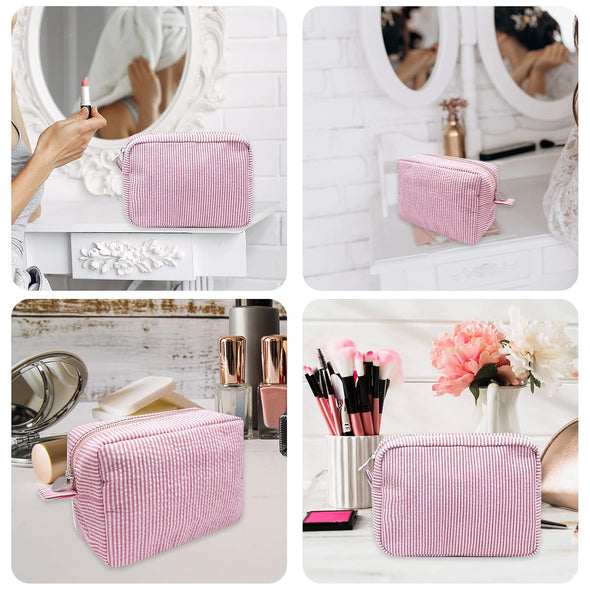 GFU Cosmetic Bag for Women, Large Makeup Bag, Travel Toiletry Stripe Cosmetic Bag, Seersucker Women Aesthetic Organizer Storage Pouch, Girls Handbags Purses (Pink)