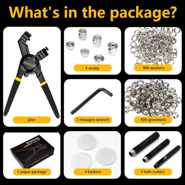 Heavy Duty Grommet Tool Kit of 1/2" 5/16" and 3/8",Multi Size Handheld Eyelet Tool Plier Rivet Press with 900 Pcs Silver Grommets for Tarp Leather Fabric