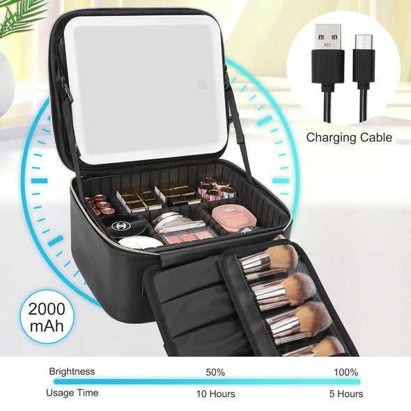 Relavel Travel Makeup Bag with LED Mirror, Cosmetic Train Case with Light up Mirror, Portable Makeup Artist Organizer Bag with Adjustable Dividers, Makeup Brush Holder Storage, Black