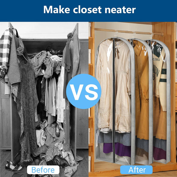 3 Pack 60" Long Garment Bags for Hanging Clothes Storage, Clear Moth Proof Suits Covers with 4" Gussets for Closet Storage Travel, Plastic Protector for Dress Gowns, Coats, Suit, down Jacket