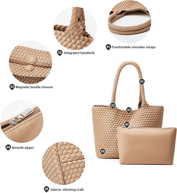 Woven Tote Bag Womens Purse: Vegan Leather Shoulder Handbags - Fashion Summer Beach Tote Bags - Large Travel Totes