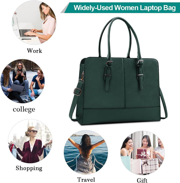 Laptop Bag for Women Leather Work Tote 15.6 Inch Laptop for Computer Bag Waterproof Business Office Professional Large Capacity Handbag Shoulder Bag Deepgreen