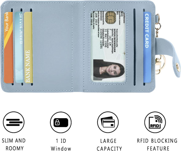 Small Wallets Woman RFID Blocking Leather Credit Card Holder - with ID Window - Card Wallets for Women - with Zipper Coin Purse - Keychain Wallet