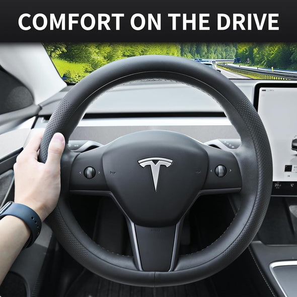 Nappa Leather Steering Wheel Cover for Tesla Model 3/Y 2016-2025 2026 Juniper/Highland, Non-Slip Breathable Tesla Model 3/Y Steering Wheel Protector, Black