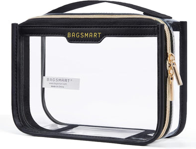 BAGSMART TSA Approved Toiletry Bag, Clear Travel Toiletry Bag, Makeup Cosmetic Pouch Bag for Women Quart Size Compliant Bag Organizer for Travel Essentials (Black Pack of 1,)
