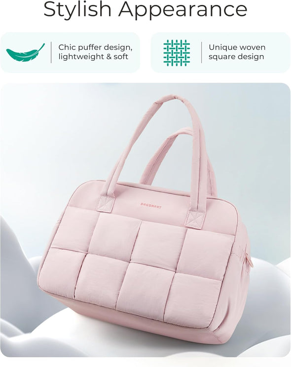 BAGSMART Gym Bag for Women, 29L Puffer Travel Duffle Bag for Travel with Laptop Compartment, Weekender Bags for Women, Carry on Duffel Bag Personal Item Bag, Baby Pink