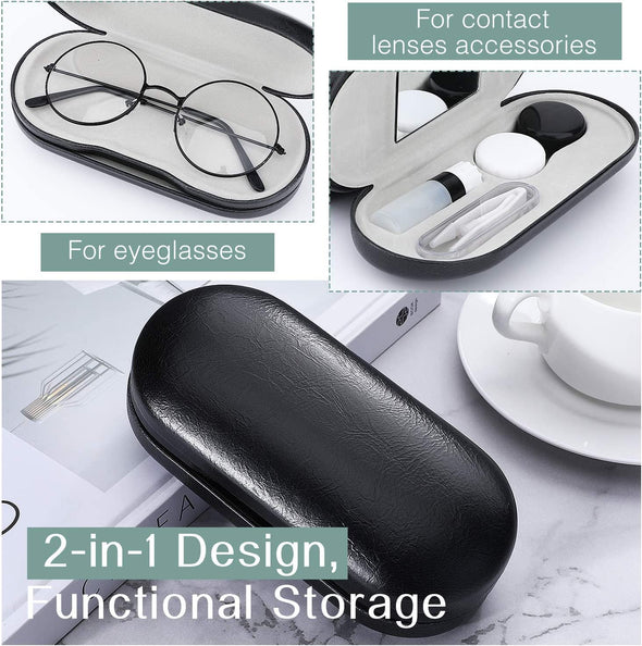 Moko Double Eyeglass Case, Contact Lens Case with Mirror Tweezers Remover, 2 in 1 Double Sided Portable Contact Lens Box Holder Container Soak Storage Kit Sunglasses Pouch for Men & Women, Black