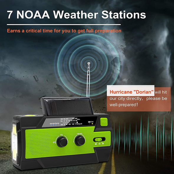 Emergency Crank Weather Radio, 4000Mah Solar Hand Crank Portable AM/FM/NOAA, with 1W 3 Mode Flashlight & Motion Sensor Reading Lamp, Cell Phone Charger, SOS for Home and Emergency Green
