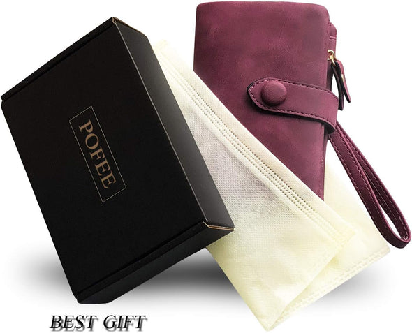 Pofeexio Womens Small Bifold Leather Wallets RFID Ladies Wristlet with Card Slots Id Window Zipper Coin Purse
