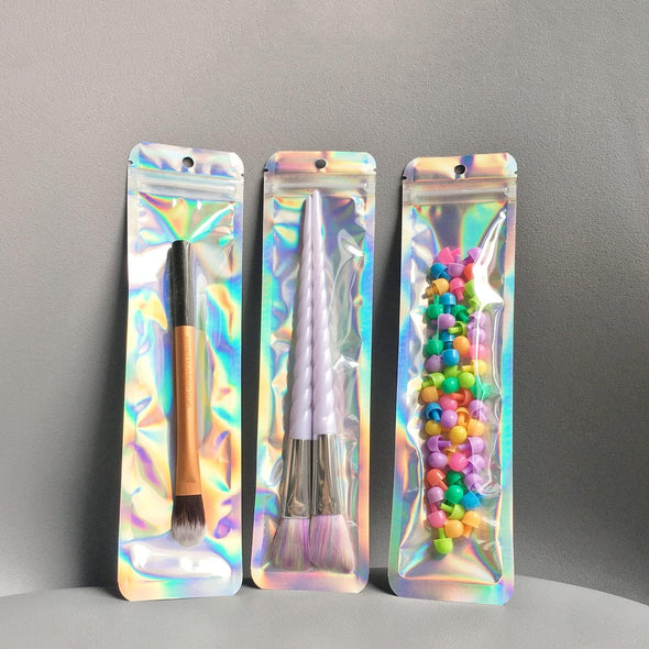 100Pcs Holographic Packaging Bags Resealable Smell Proof Bags Pen Packaging for Bead Pens Small Business 2.4X9 Inch Party Favor Food Storage