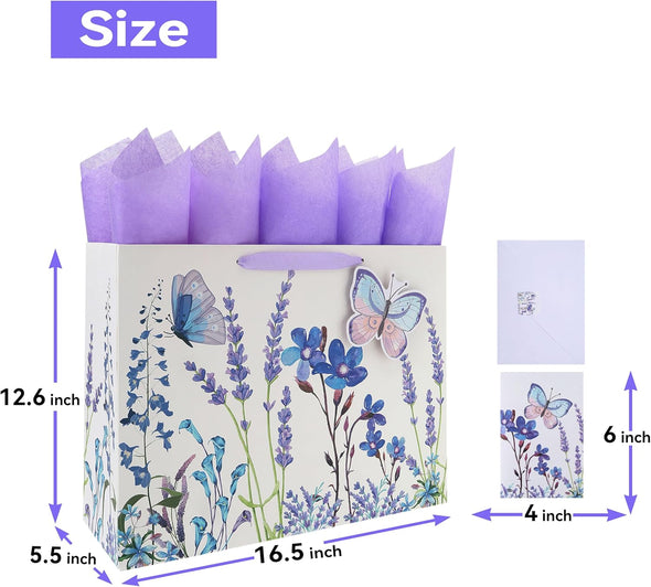 16.5" Extra Large Purple Gift Bag Set with Greeting Card and Tissue Papers (Lavender and 3D Butterfly) for Women'S Birthday Party, Girls' or Kids', Mothers' Day, Wedding, Valentine'S Day