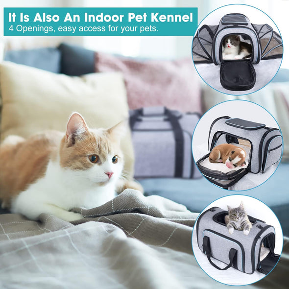 Siivton 4 Sides Expandable Pet Carrier, Airline Approved Soft-Sided Dog Cat Carrier Bag with Fleece Pad for Cats, Puppy and Small Animals (4 Extension Gray_Blue, L:18.0" L X 11.0" W X 11.0" H)