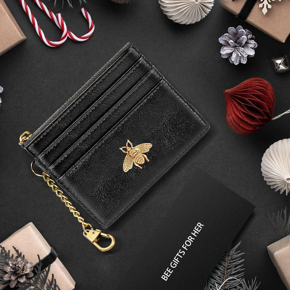 SEAVILIA Card Holder Keychain Wallet for Women with ID Window RFID Coin Purse Bee Gifts Slim Minimalist Small Wallet