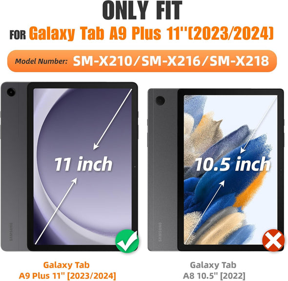 SEYMAC Stock Case for Samsung Galaxy Tab A9+ plus 11'', Full-Body Drop Protection Case with Screen Protector Pencil Holder [360° Rotating Hand Strap] &Stand, Black
