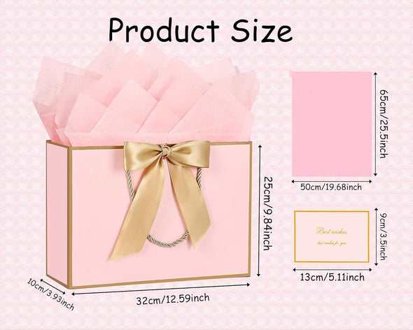 JMANNI Gift Bags, 1PCS Gift Bags Large with Ribbon and 1 Greeting Cards 2 Tissue Paper, Portable Paper Gift Bag with Handles, Birthday Gift Bags,Present Bags for Wedding Party Mothers Day. 12.6''X9.84''X4''(Pinkgolden)