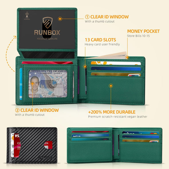 RUNBOX Wallet for Men Slim Rfid Leather 2 ID Window with Gift Box