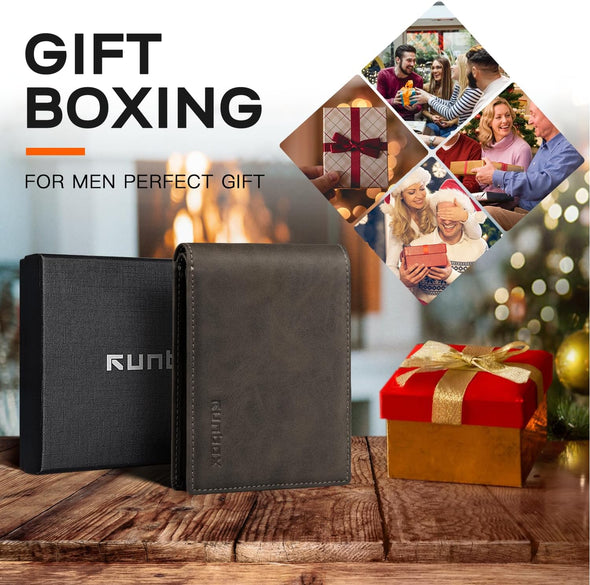 RUNBOX Wallet for Men,Mens Wallet,Slim Leather Bifold,Rfid Blocking 8 Slots Gift Box
