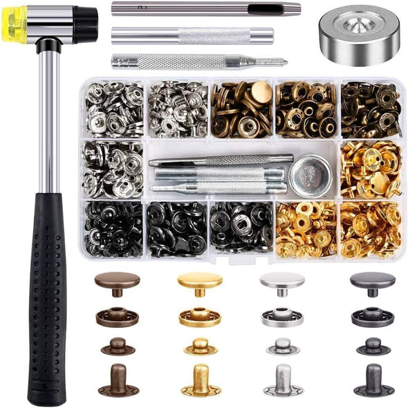 Qfun 120 Set Snap Fasteners Kit for Leather 12Mm Metal Button Snaps Press Studs with 4 Setter Tools, 1 Hammer, 4 Color Leather Snaps for Clothes, Jackets, Jeans Wears, Bracelets, Bags