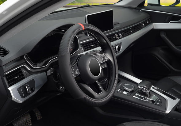 KAFEEK Car Steering Wheel Cover Men,Universal 15 Inch, Microfiber Leather Carbon Fiber Black Steering Wheel Accessories, Anti-Slip, Odorless, Breathable, Black