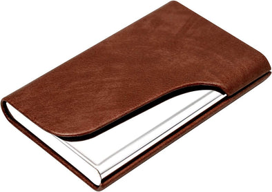 Business Card Holder Leather & Stainless Steel Card Case,Business Card Case Wallet Credit Card ID Case (Brown)