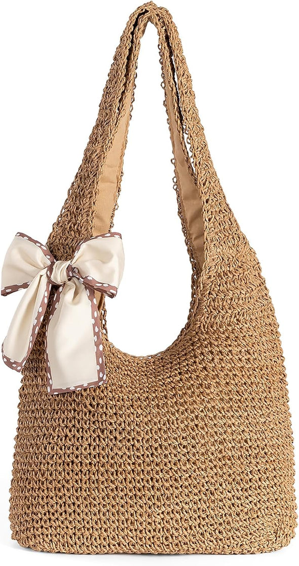 Straw Beach Bag for Women - Handmade Raffia Woven Tote Handbag, Summer Mesh Beach Purse for Vacation Holiday Gift 2025