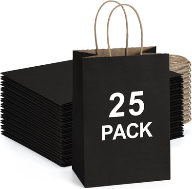 Bagdream Kraft Paper Bags 25Pcs 5.25X3X8 Inches Small Paper Gift Bags with Handles Bulk for Party Favor, Retail, Merchandise, Black Gift Sacks