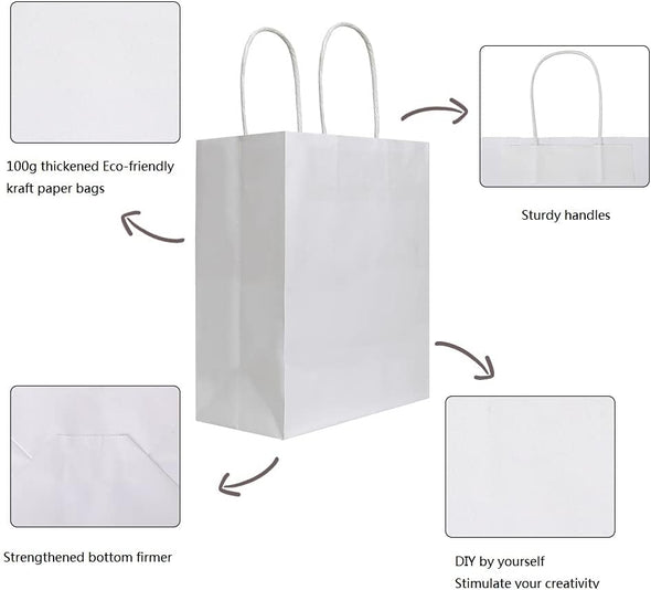Bagmad 50 Pack 8X4.75X10 Inch Medium White Kraft Paper Bags with Handles Bulk, Gift Bags, Craft Grocery Shopping Retail Birthday Party Favors Wedding Sacks Restaurant Takeout, Business (50Pcs)