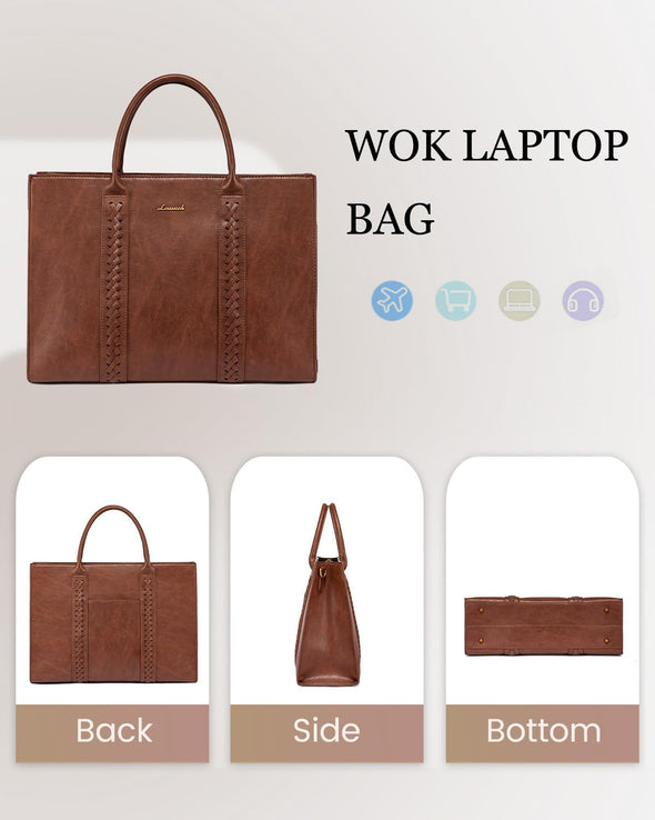 LOVEVOOK Laptop Tote Bag for Women, Vintage Leather Work Bag with Cup Holder, Waterproof Computer Purse, Professional Briefcase Office Shoulder Handbag, 15.6 Inch, Brown