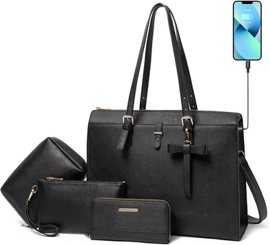 Keyli 4Pc Sets Laptop Bag for Women Large Leather Laptop Briefcase with USB Charging Port Computer Shoulder Tote Bags Purse