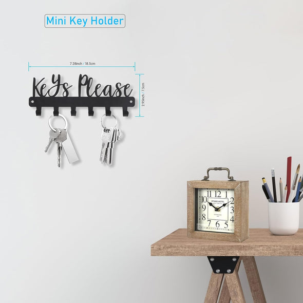 Mini Keys Please Holder on Wall,Small Key Holder Wall Mounted,Black Metal Decorative Key Rack Hooks for Garage,Mudroom,Hallway,Entryway,Front Door,Office(Mini Size:7.28 X 2.95 Inch)