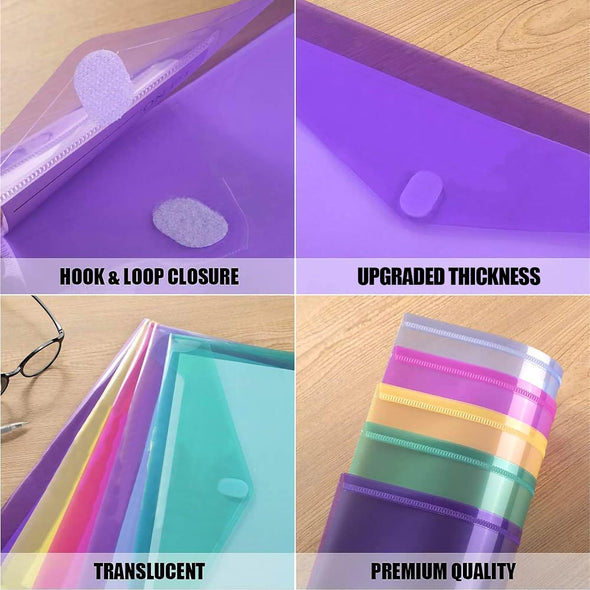 Sooez 12 Pack Plastic Envelopes Poly Envelopes, Heavyduty File Folders, Clear Folders with Pockets, Folders for Documents Letter A4 Size, Filing Folders, Travel Bags, Office School Paper Storage