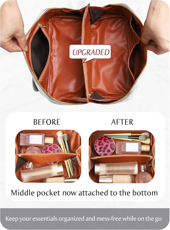 Large Capacity Travel Cosmetic Bag - Portable Makeup Bags for Women Waterproof PU Leather Checkered Makeup Organizer Bag with Dividers and Handle,Toiletry Bag for Cosmetics