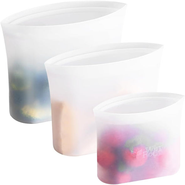 Reusable 100% Silicone Food Storage Bags, Sandwich Snack Bags New Generation Stand up Zip Container for Soup and Leftovers, Plastice & BPA Free, Microwave Oven Safe 3 Pack (51Oz, 34Oz, 17Oz)