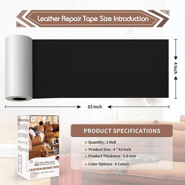 KING MOUNTAIN Leather Repair Patch,4 X 63 Inches Self Adhesive Leather Repair Tape for Damaged Leather Furniture, Sofa Seating,Car Seats, Leather Goods(Black)