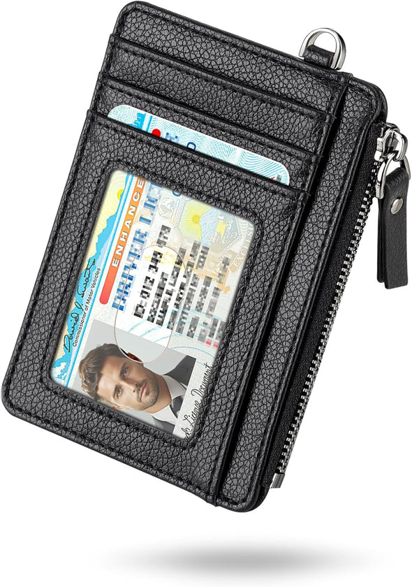 Teskyer Slim Wallet for Men Women, 8 Card Slots & 1 Zip Pocket, Small Credit Card Holder, RFID Travel Wallet with Gift Box - Lichee Black