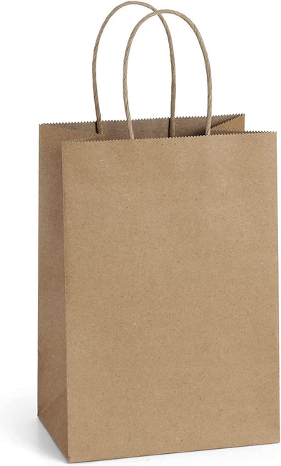 Bagdream Small Gift Bags with Handles 50Pcs 5.25X3X8 Inches Kraft Paper Bags Bulk for Party Favor, Retail, Wedding, Gifts, Recyclable Brown Paper Sacks