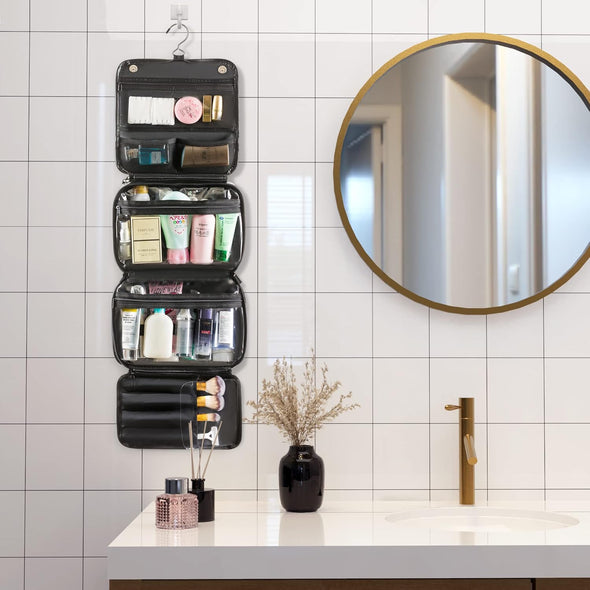 Elviros Hanging Toiletry Bag Removable Travel Bag PU Leather Makeup Cosmetic Organizer Kit, Black