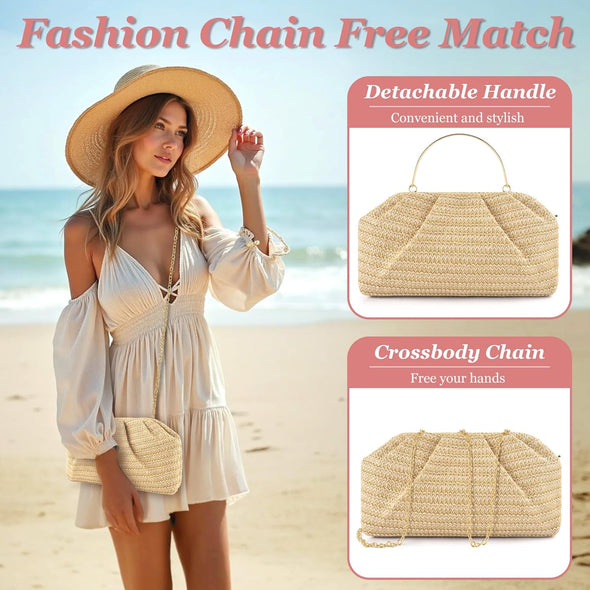 ERKOON Straw Clutch Purse Women, 2025 Summer Beach Crossbody Shoulder Handbag Boho Woven Envelope Cloud Dumpling Pouch Bag