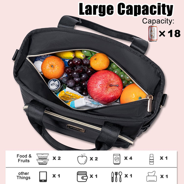 Weitars Insulated Lunch Bag for Women,Leak Proof Lunch Box for Work,Extra Large Lunch Tote Bag with Removable Shoulder Strap with Side Pockets,Reusable Lunch Bag for Picnic Hiking (Black-02)