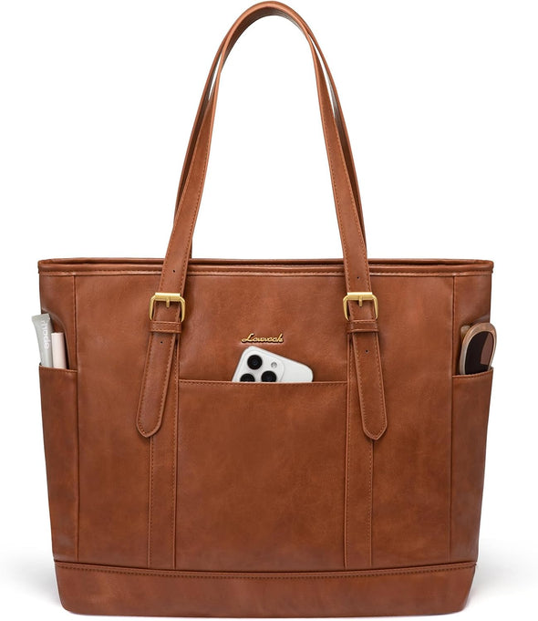 LOVEVOOK Laptop Tote Bag for Women,Vintage Leather Work Tote Bag for Women, 15.6 Inch Computer Briefcase Bag,Waterproof Teacher Business Office