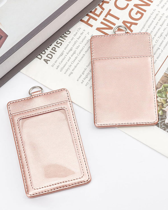 Teskyer Badge Holder, Leather ID Card Holder with Lanyard for ID Badges, Vertical Style, Rose Gold