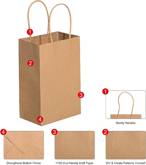 Brothersbox Small Brown Paper Bags with Handles 100PCS, 5.25 * 3.25 * 8 Inch Kraft Gift Bags Bulk for Craft Shopping Business Party Favor Retail Birthday Grocery