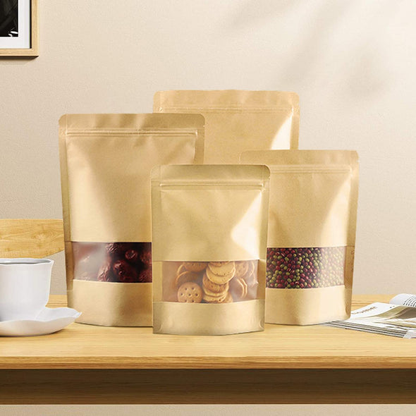 100 Pcs Resealable Bags,3.5" X 5.5" Stand up Kraft Paper Bags with Matte Window, Zip Lock Food Storage Bags for Packaging Products, Reusable, Sealable