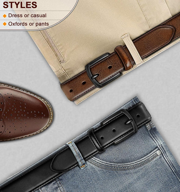 BULLIANT Men Belt 2Pack-Leather Belt 7Holes Comfortable for Men'S Dress Casual Jeans 1 3/8"