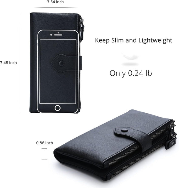 Bveyzi Women Soft Leather RFID Blocking Bifold Slim Wallets Ladies Credit Card Holder Double Zipper Pocket